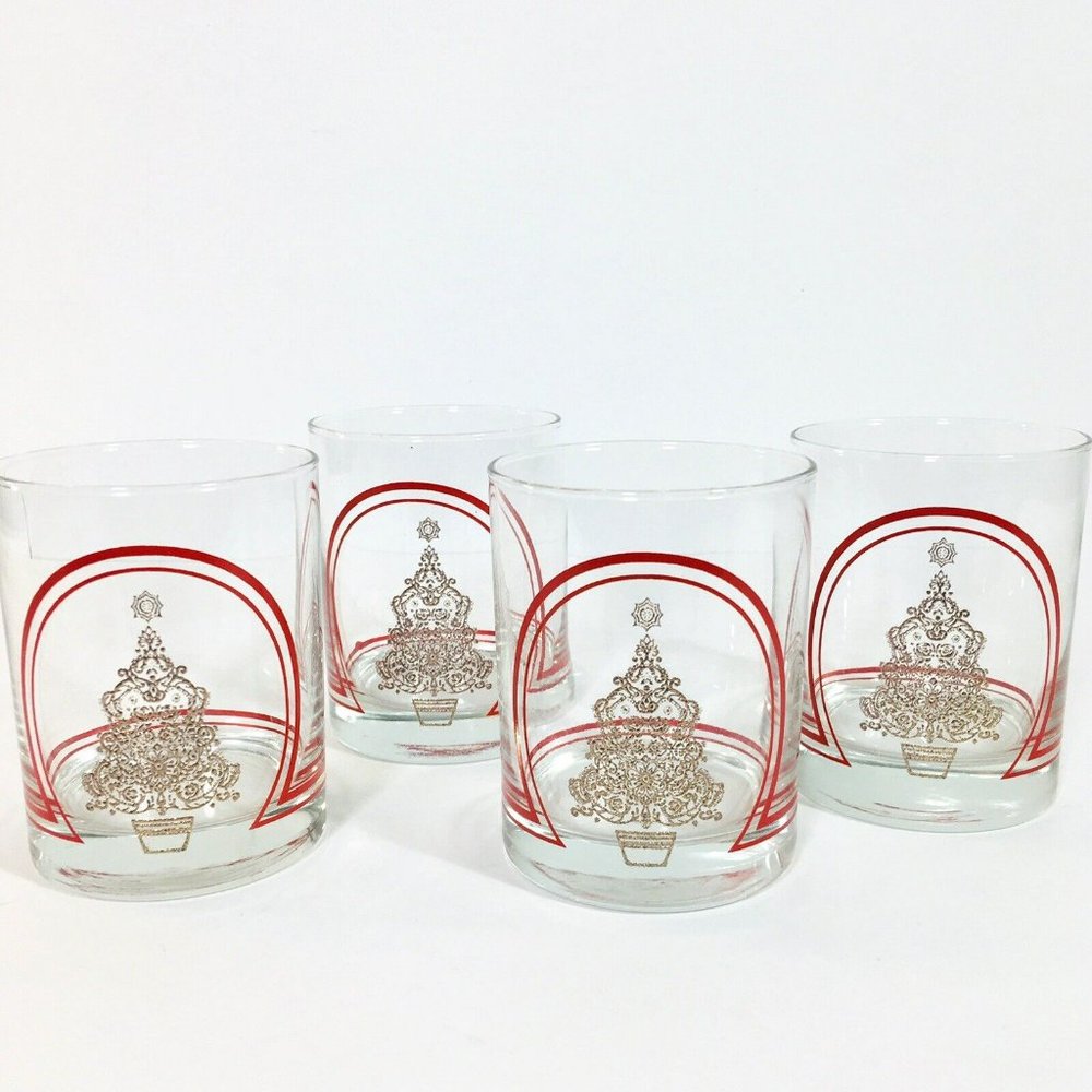 4 Christmas Bourbon Glasses Vtg Dusseau Collection 22k Gold/Red On Clear Glass